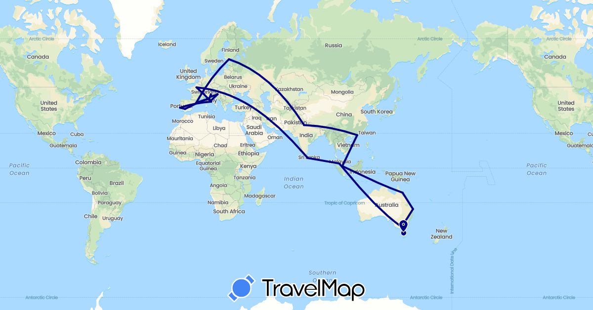 TravelMap itinerary: driving in Australia, China, Spain, Finland, France, Croatia, India, Italy, Sri Lanka, Malaysia, Portugal, Singapore (Asia, Europe, Oceania)